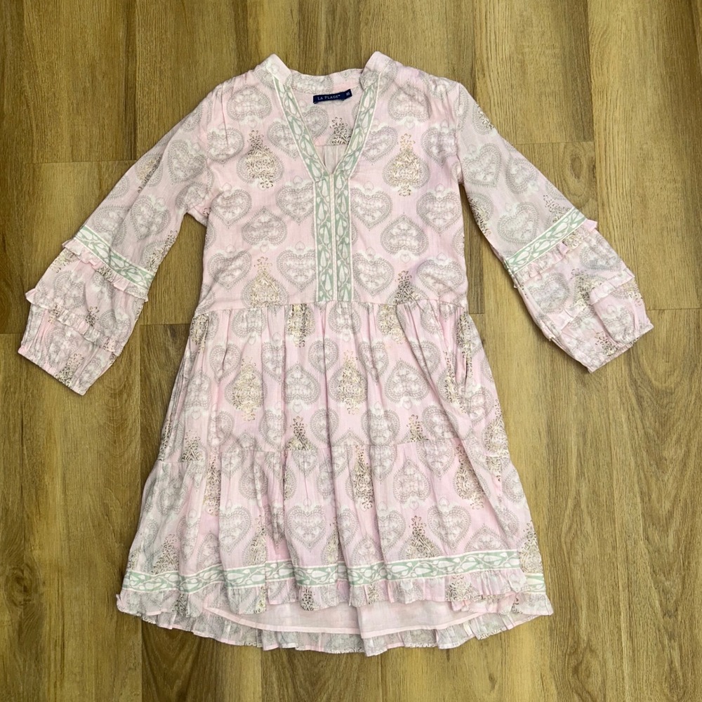 La Plage Pink Paisley‎ Cotton Tiered Boho Mini Dress XS Gold Block Print Ruffle